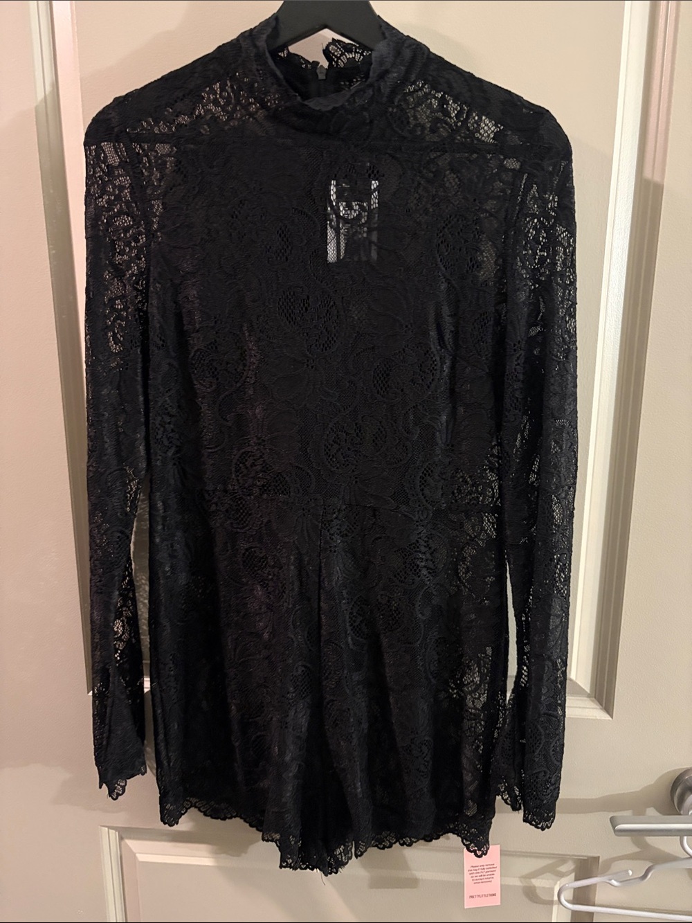 PrettyLittleThing Black Long-Sleeve Lace Short Jumpsuit